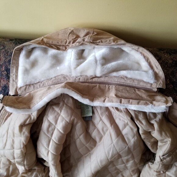 Vintage 80s, suede leather coat, fur fabric lined hood, XL by Weather Spirits - Picture 6 of 15